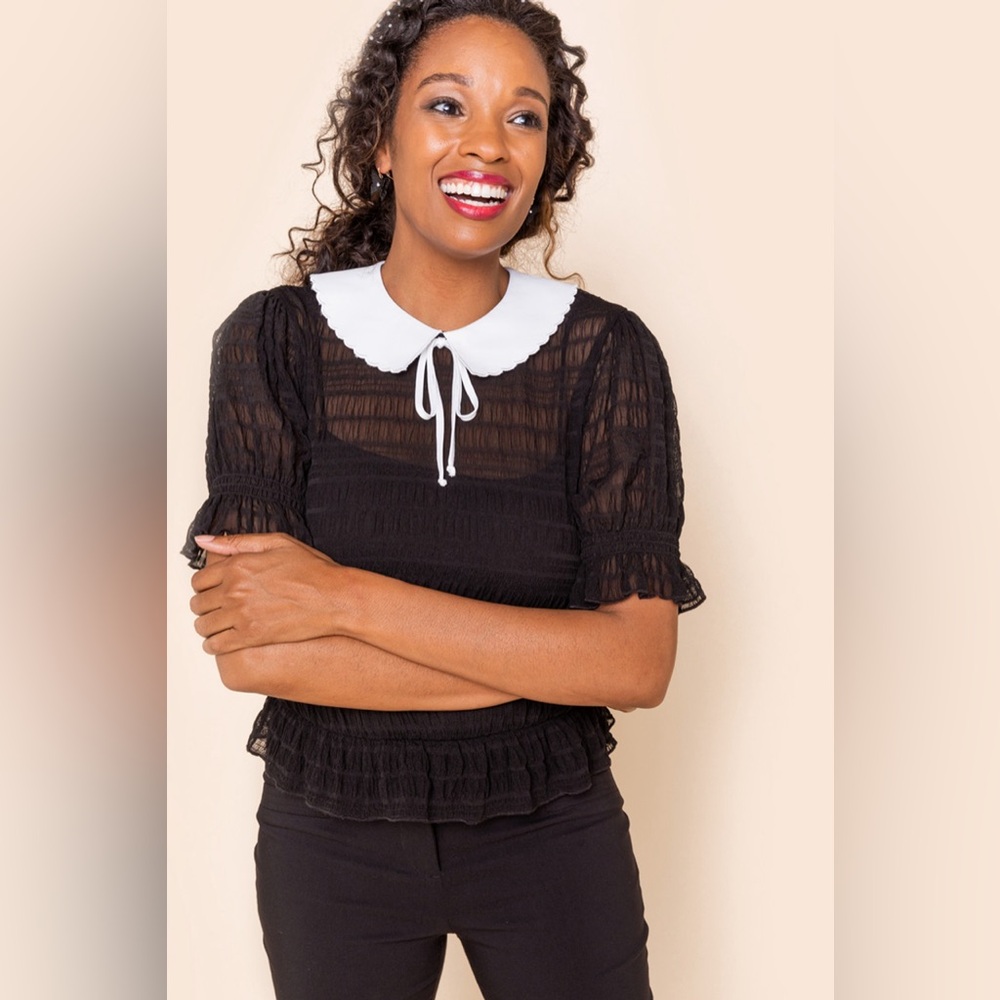 Black Swiss Dot Peplum Blouse with White Peter Pan Collar